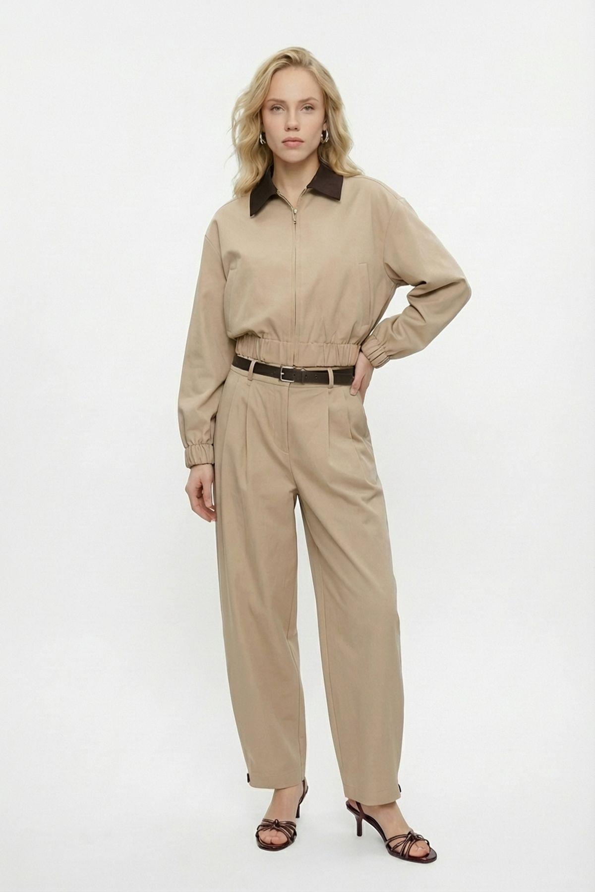 Quzu Kemer Detaylı Pantolon Bej