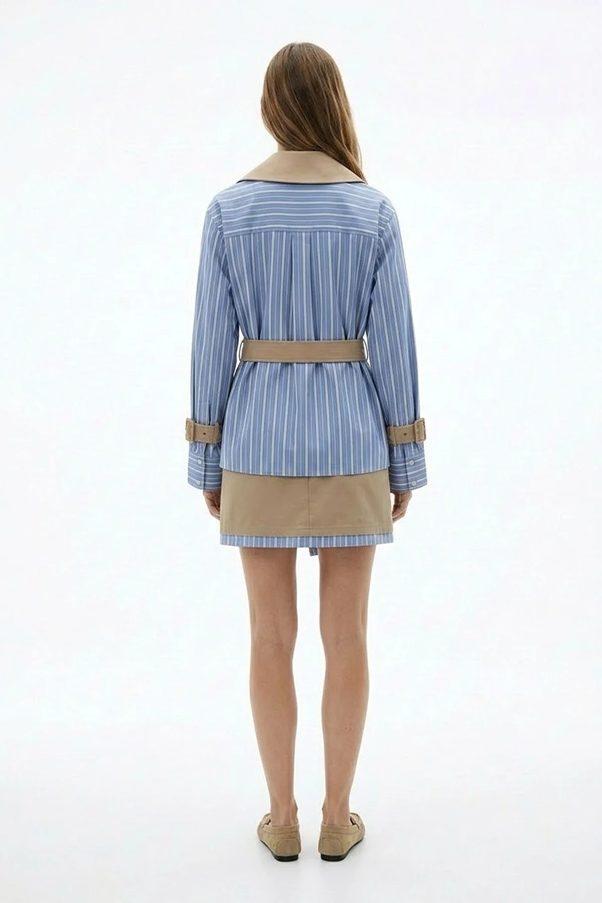 Çizgili Şeritli Asimetrik Mini Etek Bej - Görsel 2