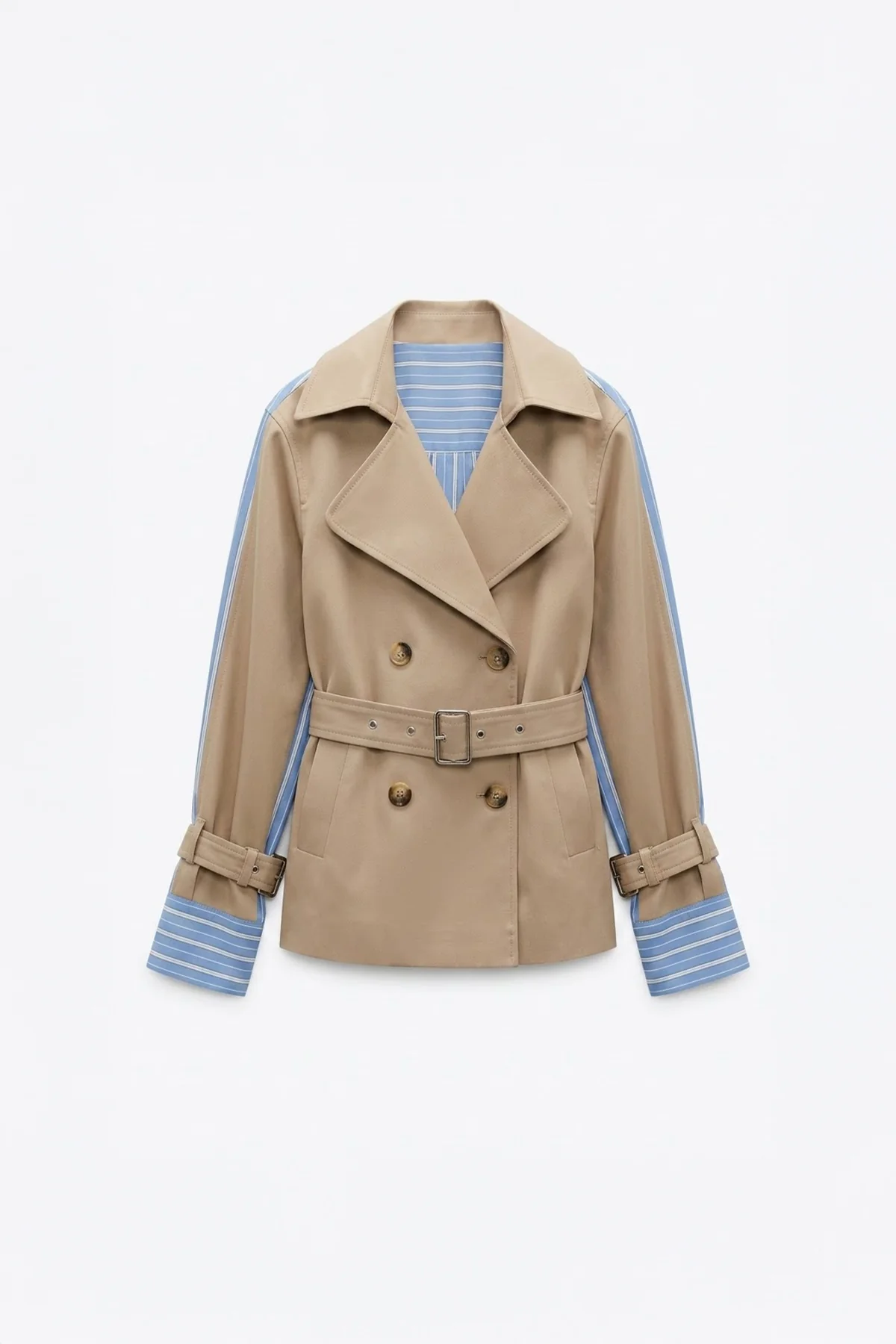 Çizgili Şeritli Asimetrik Mini Etek Bej - Görsel 4